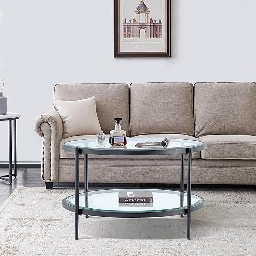 Miniatura 22 de Mesa de centro rectangular de cristal, mesa central de 2 niveles, mesa de café moderna para sala de estar, 43.3 x 23.62 pulgadas, color dorado