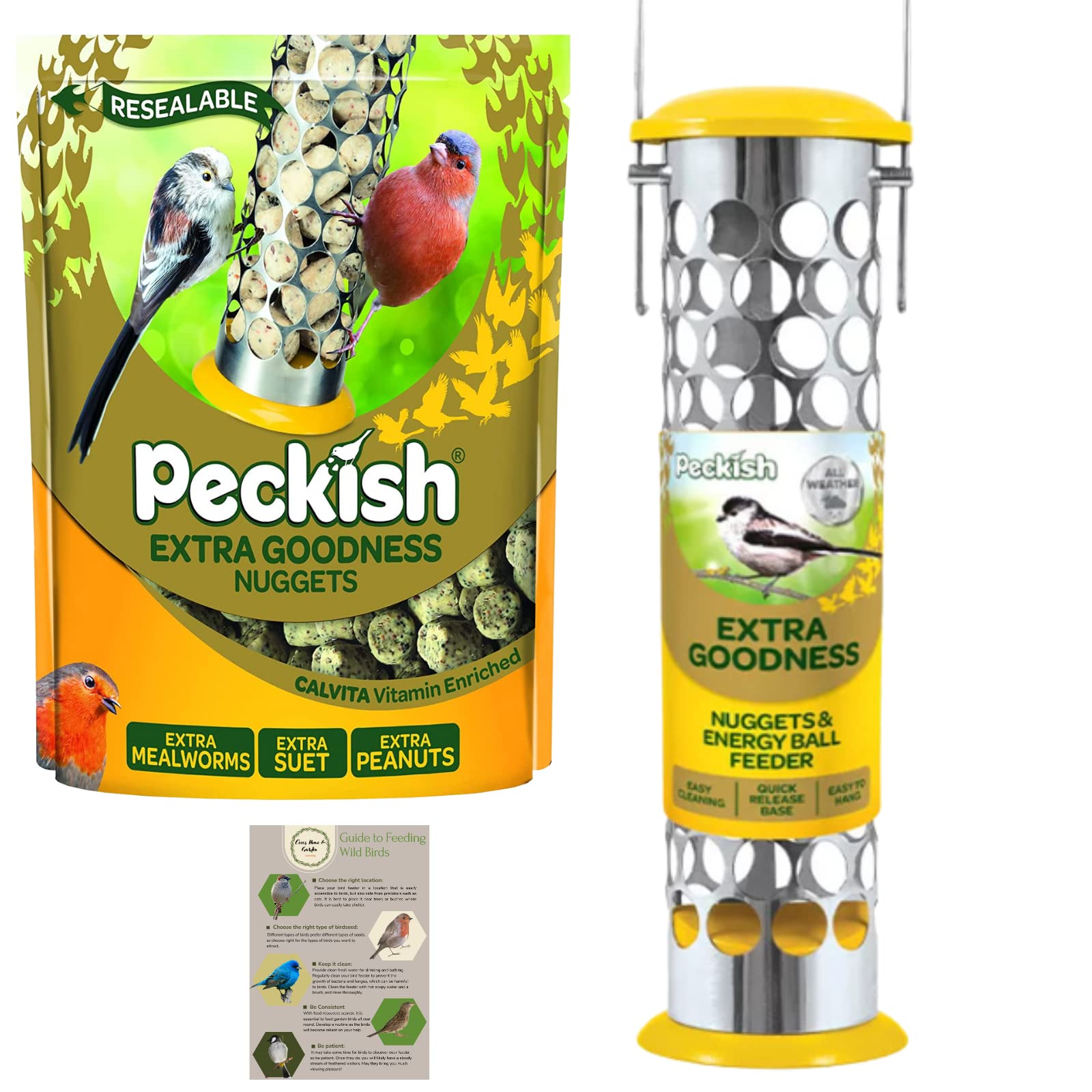 Suet Nuggets Wild Bird Food Feeder Set - 1x Peckish Extra Daily Goodness Nuggets 1kg, 1x Nugget Bird Feeder 30cm, 1x CHG Guide - Squirrel Proof Small Bird Hanging Feeding Station, Mealworms Fat Balls