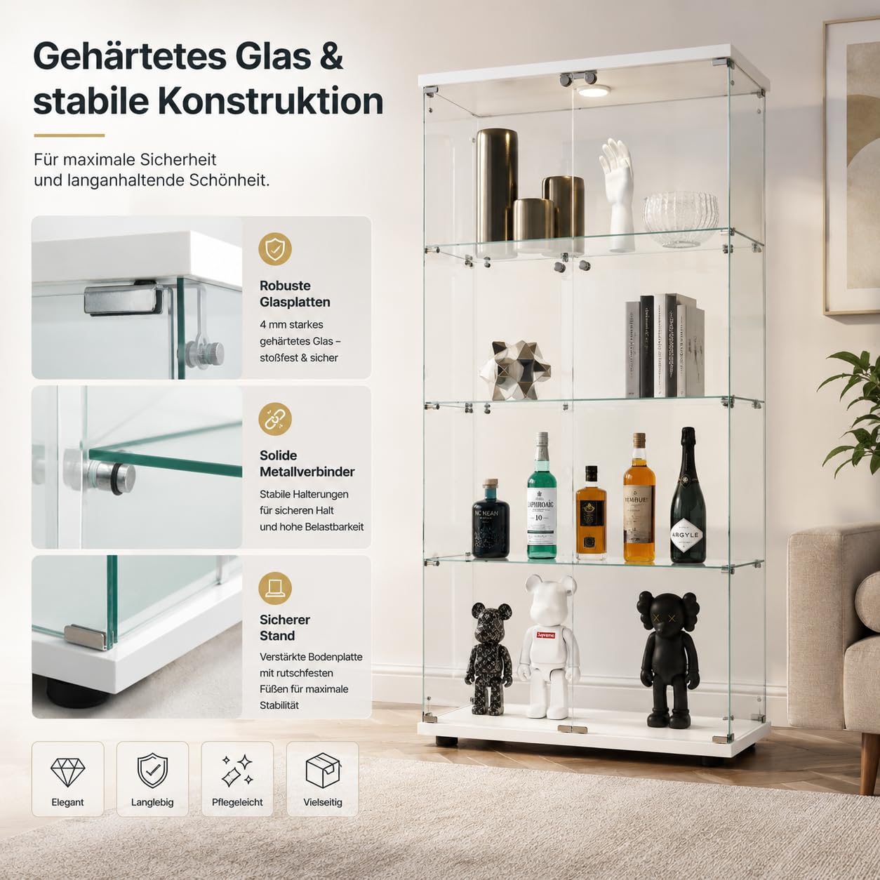 Glasvitrine Standvitrine mit Led, Sammlervitrine stehend mit 2 Glastüren abschließbar und 4 Böden Vitrinenschrank Transparente Vitrine Glas für Wohnzimmer Büro Sammlerstücke Bücher Wein (Weiß)
