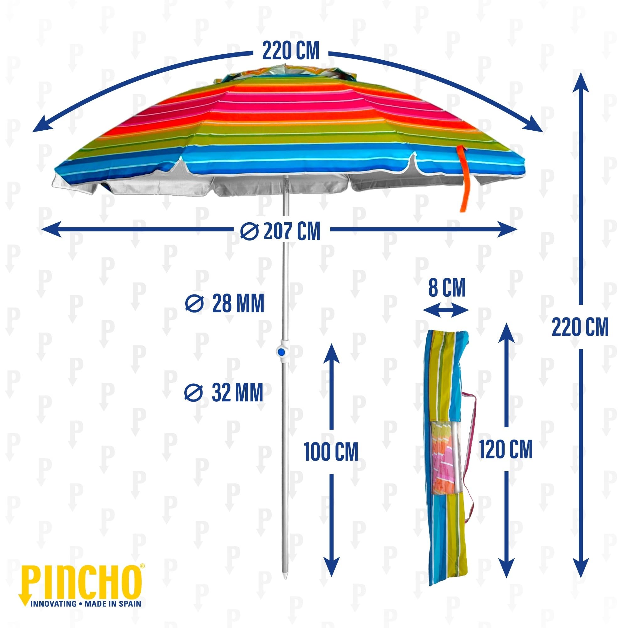 Pincho Sombrilla Playa Grande 220cm, Antiviento hasta 35km/h, Proteccion UV50+, Aluminio, 8+8 Varillas de Fibra, Ventana Superior, Inclinable, Ligera, Bolsa Transporte