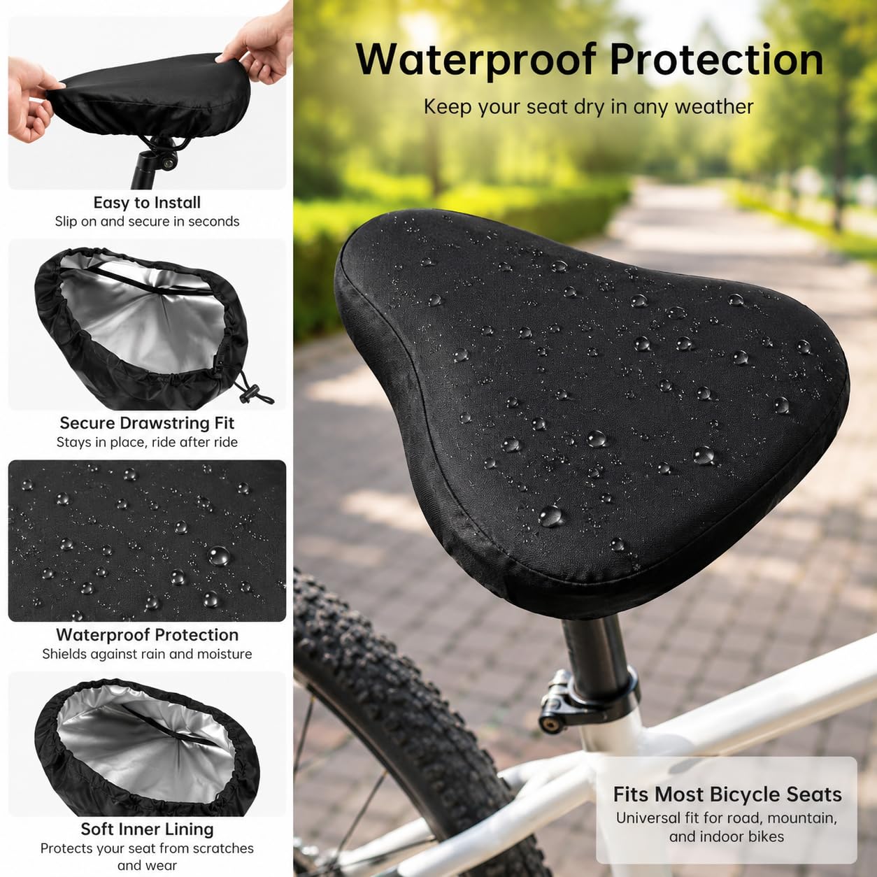 2 Pezzi Coprisella Impermeabile Bici 210D Oxford, Coprisedile Antipioggia Universale 24x27x10 cm con Coulisse, Protezione Sella MTB Strada Antipolvere Nero