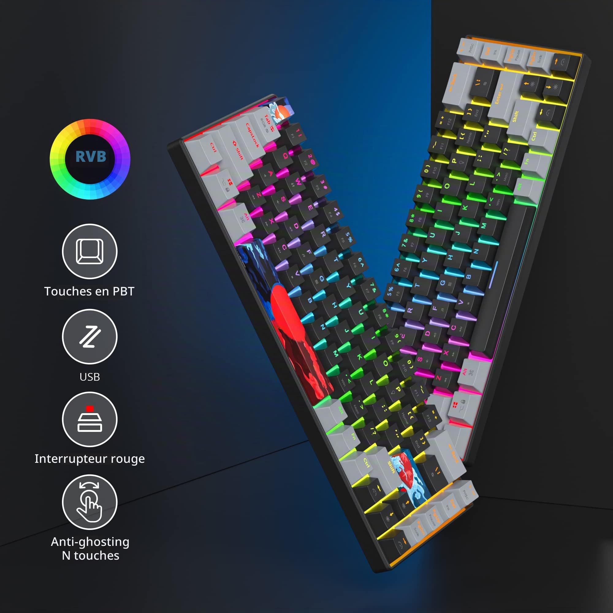 SOLIDEE Clavier de Jeu mécanique 65%,Clavier Filaire Compact rétroéclairé LED RVB 68 Touches avec câble USB Type-C détachable,Clavier de Bureau avec Interrupteur Rouge linéaire pour Win/Mac(68 Dark)