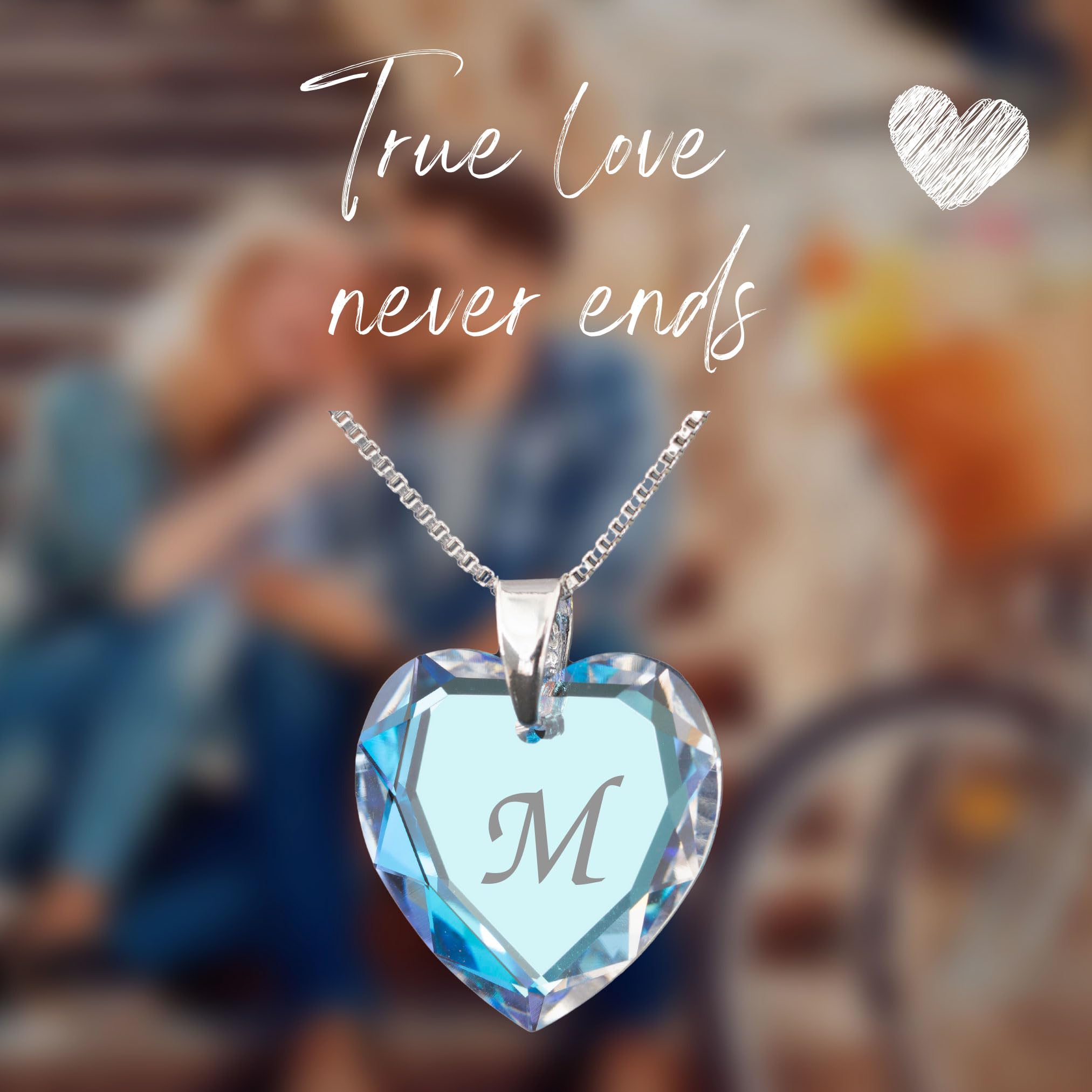 Kette 925 Silber mit Swarovski Elements Herzanhänger Farbe Blue AB und Gravur Buchstabe A - Z