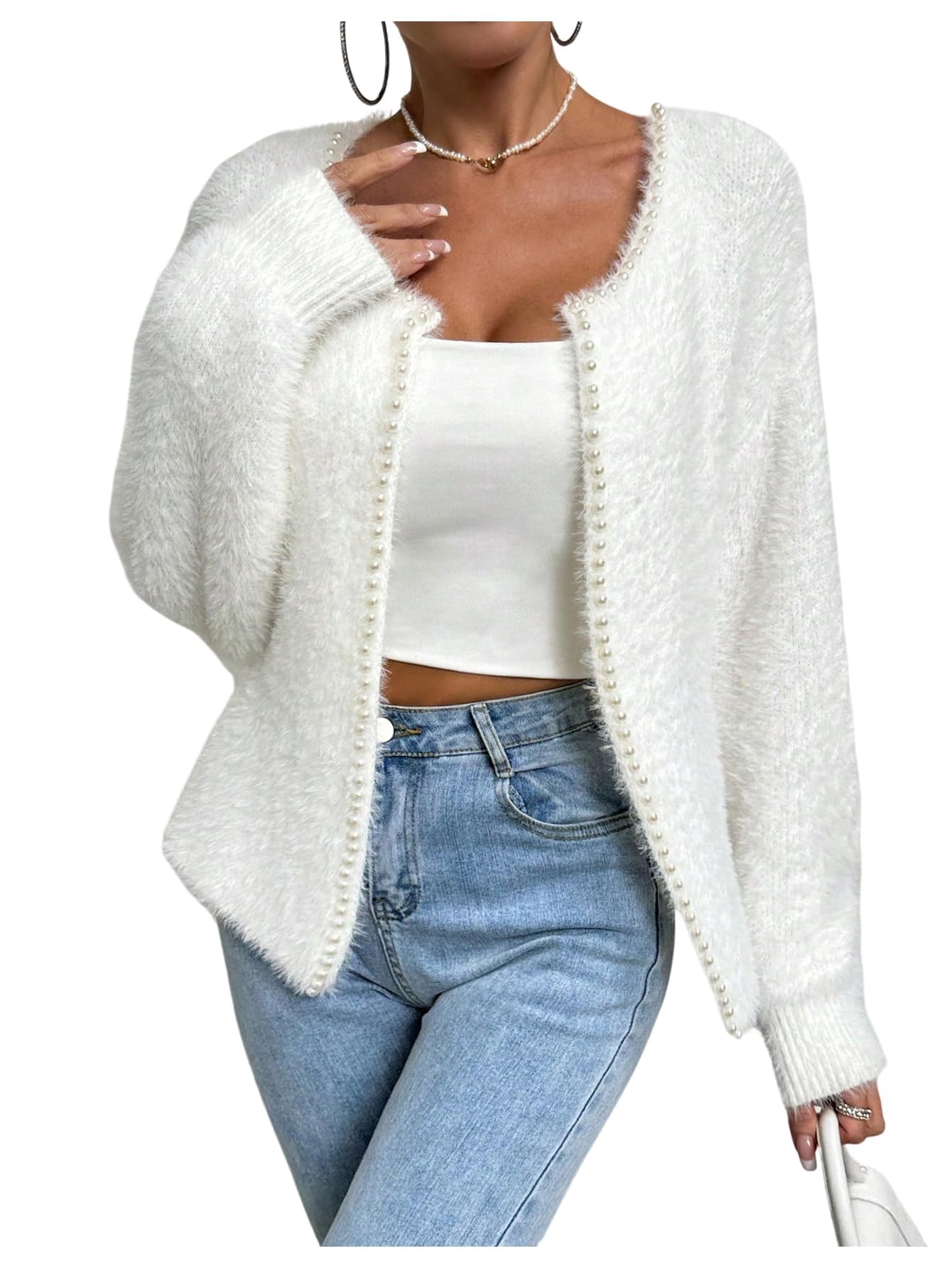 Womens Vegan Shearling Pearl-Trimmed Cardigan Sweater Fashion Open Front Long Sleeve Fall Cozy Outerwear