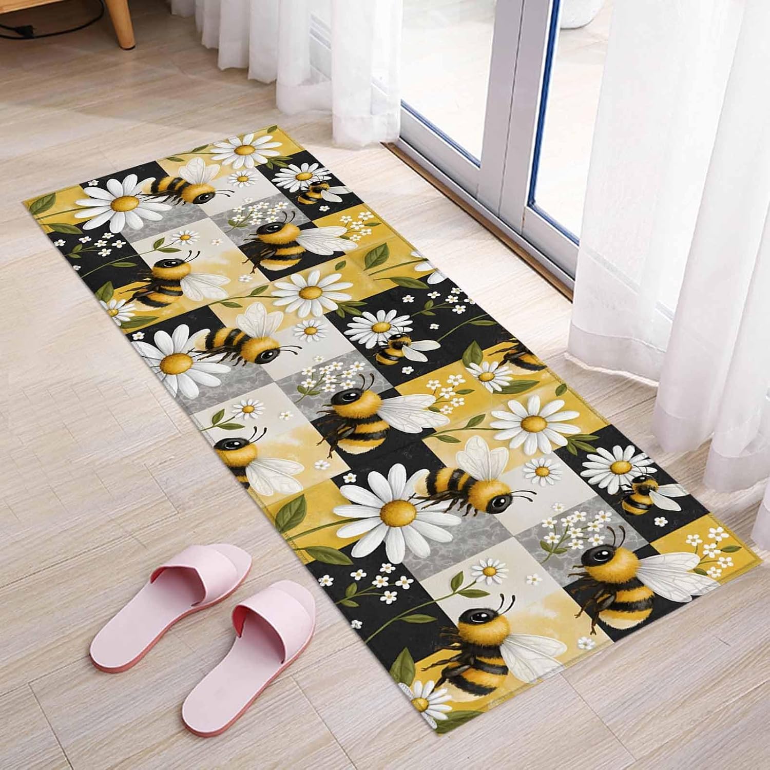 Teamery Kitchen Mats for Floor Farm White Daisy Bees Washable Non Slip Kitchen Rugs 1PCS, Yellow Black Plaid Background Absorbent Standing Mats for Sink Bathroom Office Living Room 23.6x70.9in