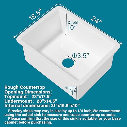 Miniatura 8 de Fregadero de cocina de 24 x 19 pulgadas, fregadero de cocina blanco empotrado, fregadero de cocina empotrado, fregadero de arcilla refractaria de
