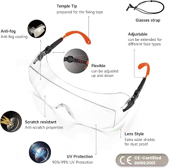 SAFEYEAR Safety Glasses Over Eyeglasses Fit Over Eyewear,ANSI Z87 Certified,Clear Anti-Scratch Fog Proof Goggles