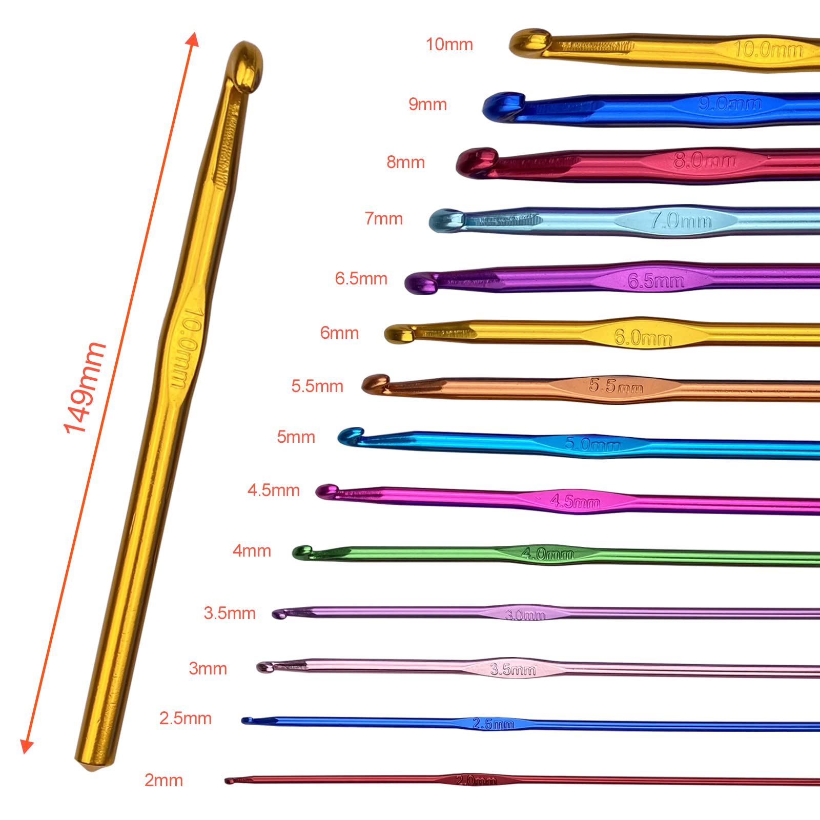 Set Di 14 Uncinetti Da Maglia In Alluminio - Misure Da 2.0mm A 10mm - Ideale Per Lavori A Maglia E Cucito - Foto 12