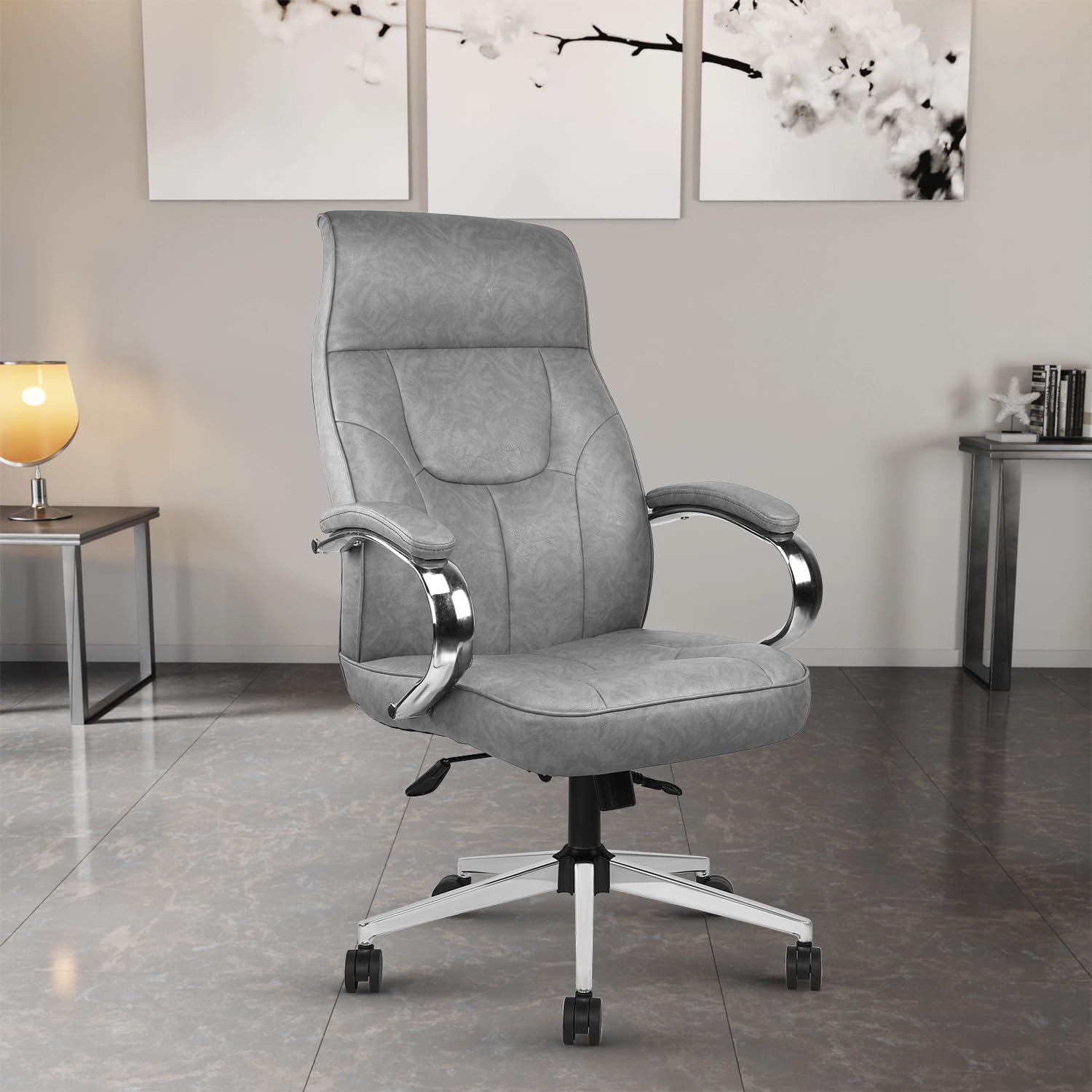 Vergo Stellar Leatherette Executive Chair, High Back Fixed Padded Armrests, Spacious Cushioned Seat, Any-Position Tilt-Lock Recline, Heavy-Duty Metal Base, Ergonomic Boss Chair for Office (Grey)