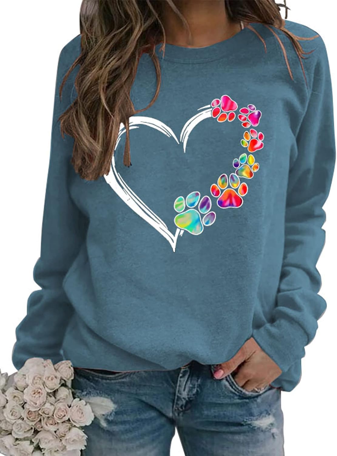 Womens Dog Mom Sweatshirts Heart Dog Paw Print Colorblock Long Sleeve Crewneck Casual Cute Sweatshirt