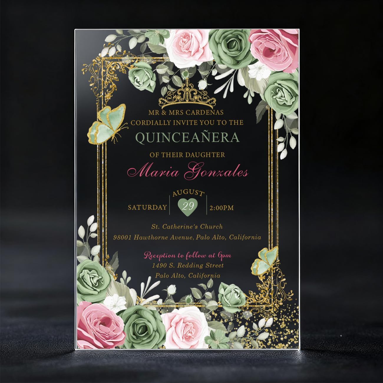 Hosmsua 20Pcs Personalized Sage Green Quinceanera Acrylic Invitation, 5x7 Floral Pink Gold Crown Butterfly Acrylic Glass Invitation Cards with Envelopes for Mis Quince, Sweet 16, XV Anos, 15 Anos