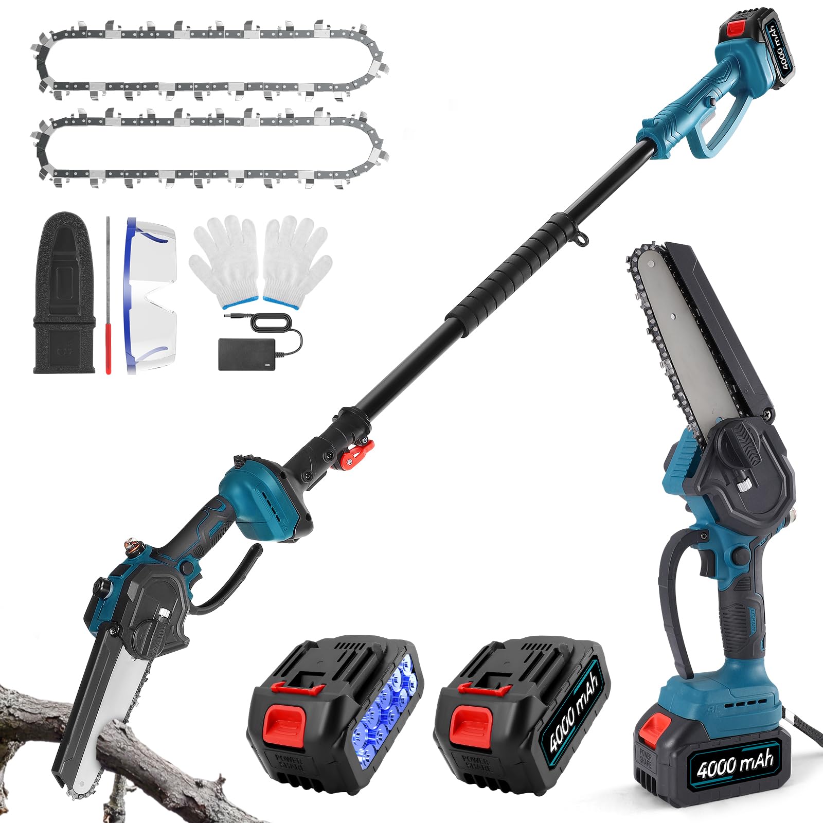 2 in 1 Motosierra Bateria con Pertiga, 950W Motosierra Electrica 31.000 RPM, Mini Motosierra Bateria con Pertiga Telescopica (1,5-2,1m), 2x 4,0Ah Baterias, 144 min, Lubricacion Auto