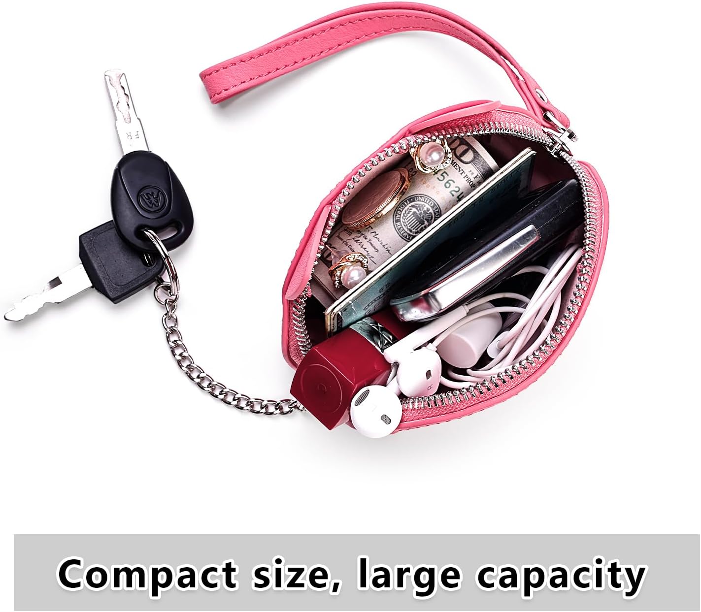 Cute Animal Coin Purse, Genuine Leather Multi‑Color Mini Zipper Wallet with Key Ring, Portable Small Change Pouch for Coins Cards Earbuds, Gift for Women Kids (Pink, Cat)