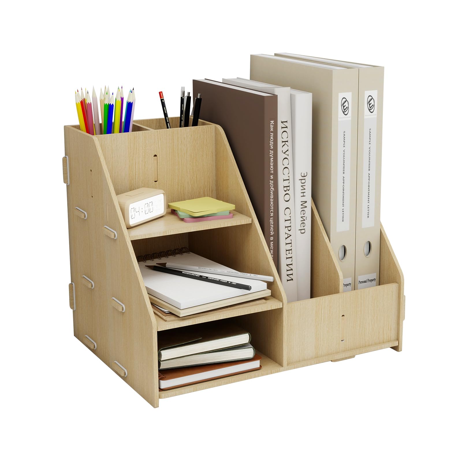 PUNCIA Organizador Escritorio Sobremesa de Madera con Revistero 3 Bandeja Escritorio con Portalápices Estante de Almacenaje Multifuncional para Material Documentos Oficina Escuela