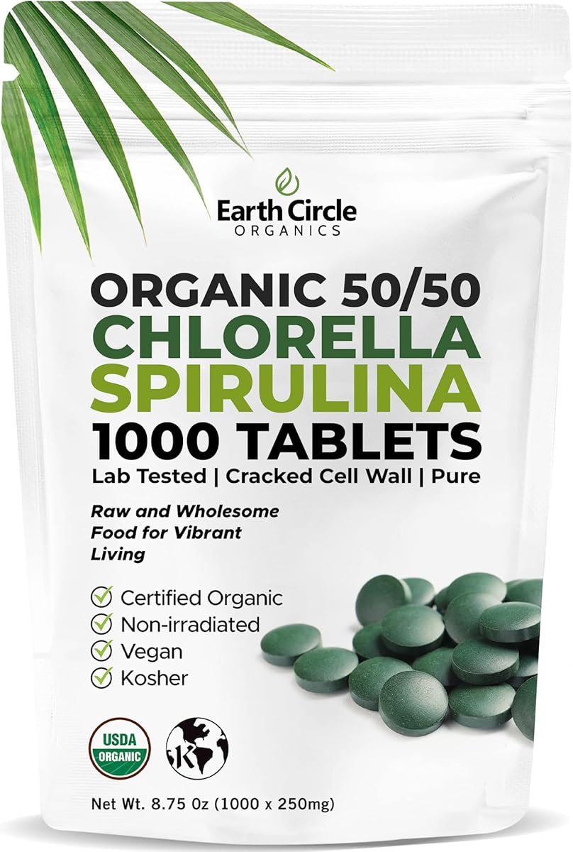 Premium Organic Chlorella / Spirulina Tablets 1000 Count (50/50) | Vegan, Kosher Green Algae Superfood | Cracked Cell Wall for Maximum Absorption | High in Protein, Iron, Chlorophyll - Pack of 1
