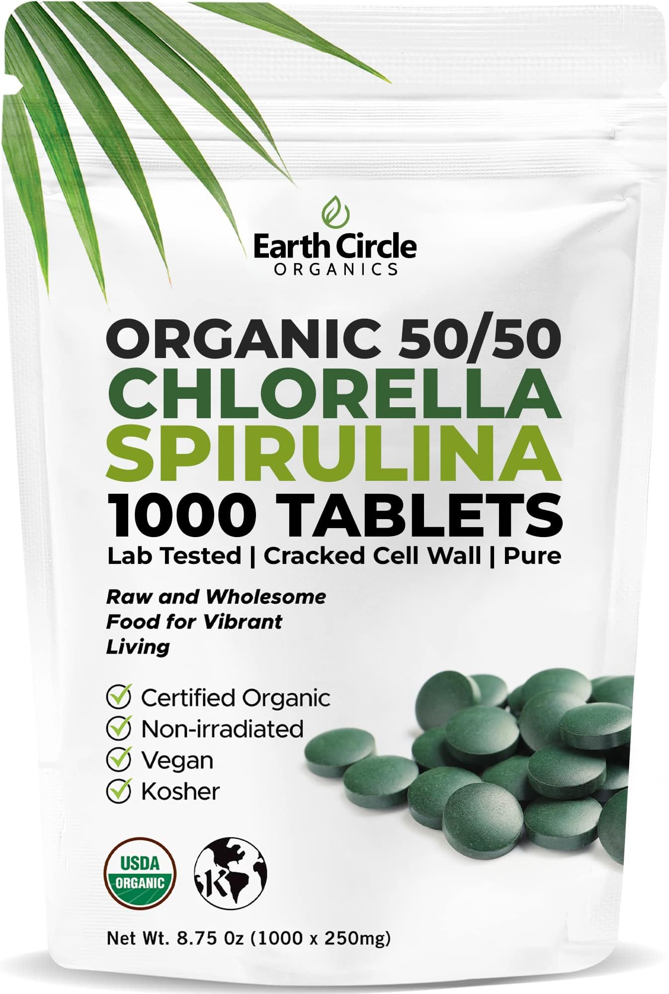 Earth Circle OrganicsPremium Chlorella/Spirulina 1000 Tablets (50/50), Organic, Kosher, Highest Potency - Pure Superfood, Cracked Wall, Chlorophyll, no additives, or fillers - 8.75 Oz