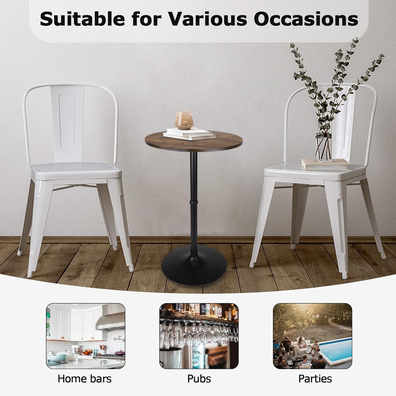 Leopard MDF Round Top Not Adjustable (41 INCHES Height) Bar Table, Pub Table with Silver Leg and Base, Rustic Brown