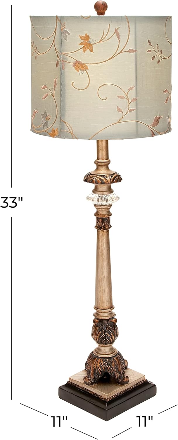 Deco 79 Metal Floral Room Buffet Lamp Antique Style Table Lamp with Light Blue Shade, set of 2 Lamp 11" x 11" x 33", Gold