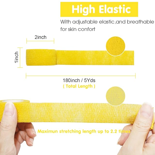 Foto 3 de 7 de COMOmed Vendas elásticas cohesivas para veterinarios, color amarillo, 2,5 cm x 4,5 m, 12 rollos de tobillos