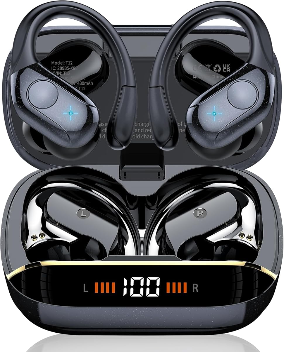 Qecnato Wireless Earbuds Bluetooth 5.4 Headphones Sports, 75H Stereo Deep Bass Over Ear Buds with Earhooks, Bluetooth Earbuds with 4 ENC Mic, LED Display, IP7 Waterproof Earphone for Running, Black : Electronics