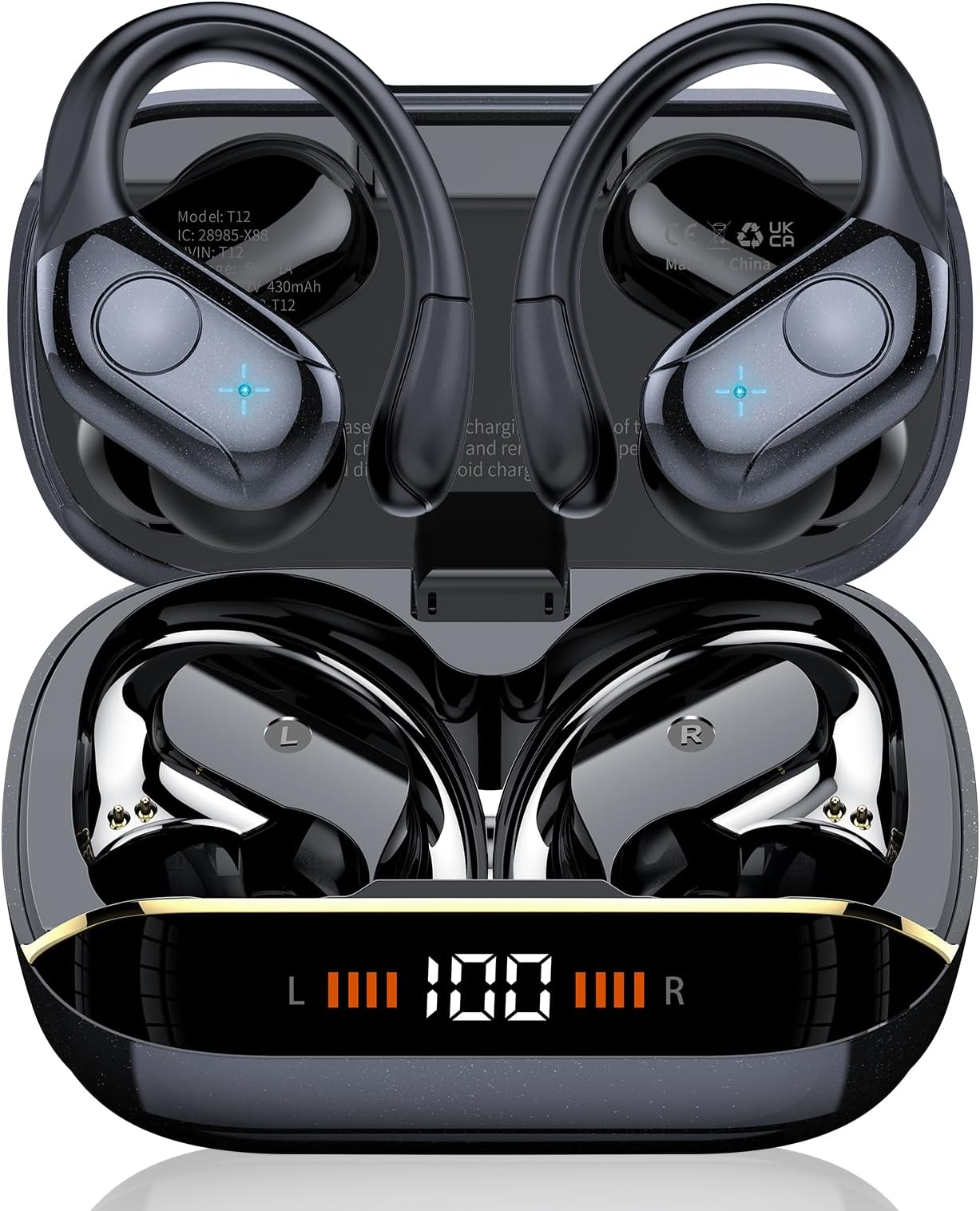 Wireless Earbuds Bluetooth 5.4 Headphones Sports, 75H Stereo Deep Bass Over Ear Buds with Earhooks, Bluetooth Earbuds with 4 ENC Mic, LED Display, IP7 Waterproof Earphone for Running, Black