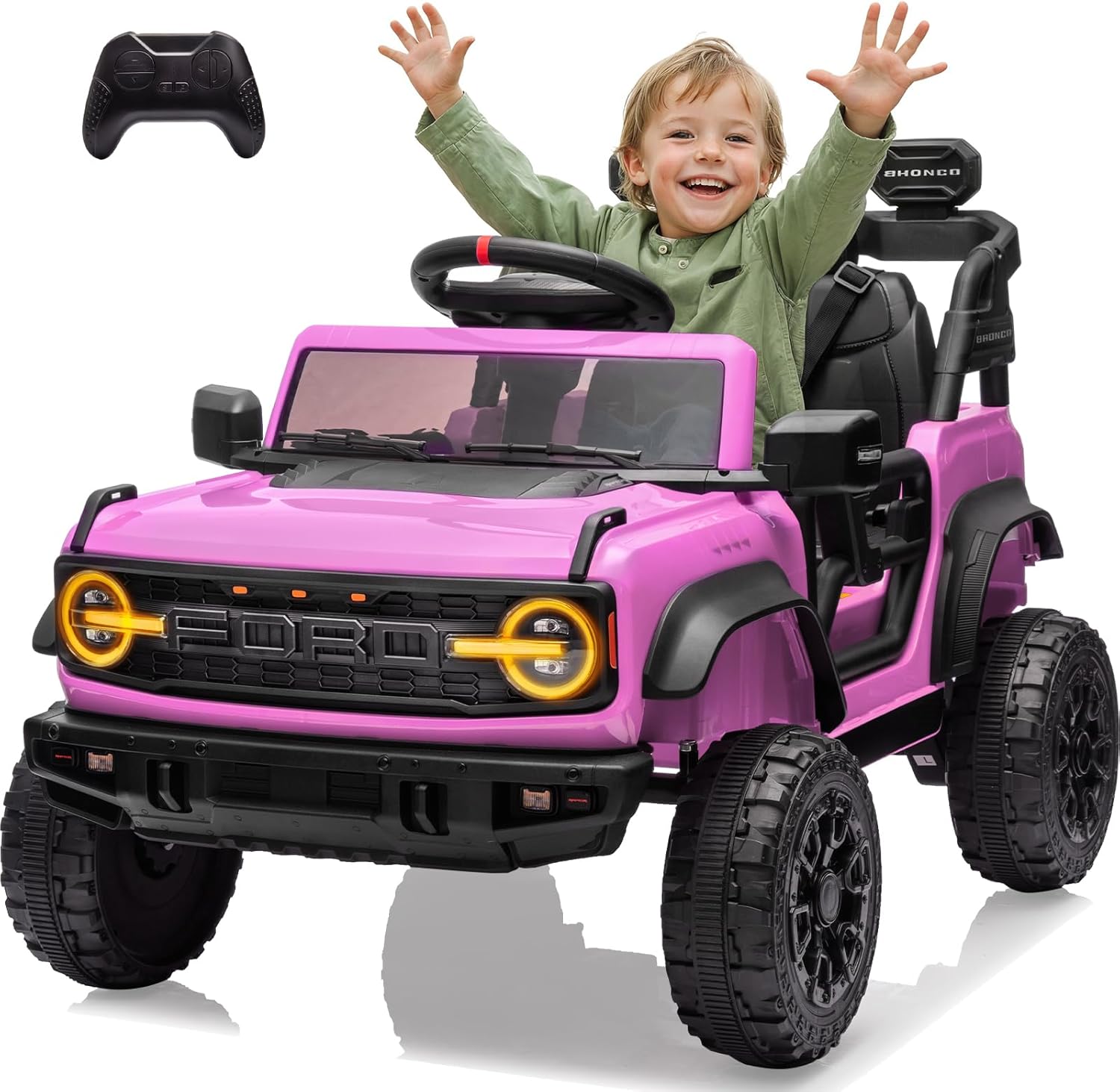 12V Powered Electric Car, Licensed Ford Bronco Raptor, Kids Jeep, Kids Electric Vehicle Car, 4 Wheeler Suspension, 3-Speed, Headlight/Music Player/Durable Tires (Pink)