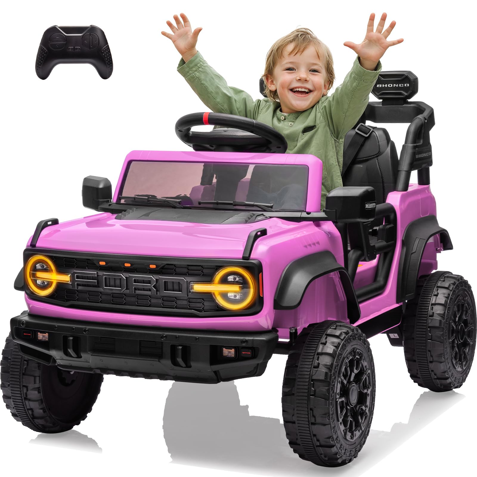 Segmart 12V Powered Electric Car, Licensed Ford Bronco Raptor, Kids Jeep, Kids Electric Vehicle Car, 4 Wheeler Suspension, 3-Speed, Headlight/Music