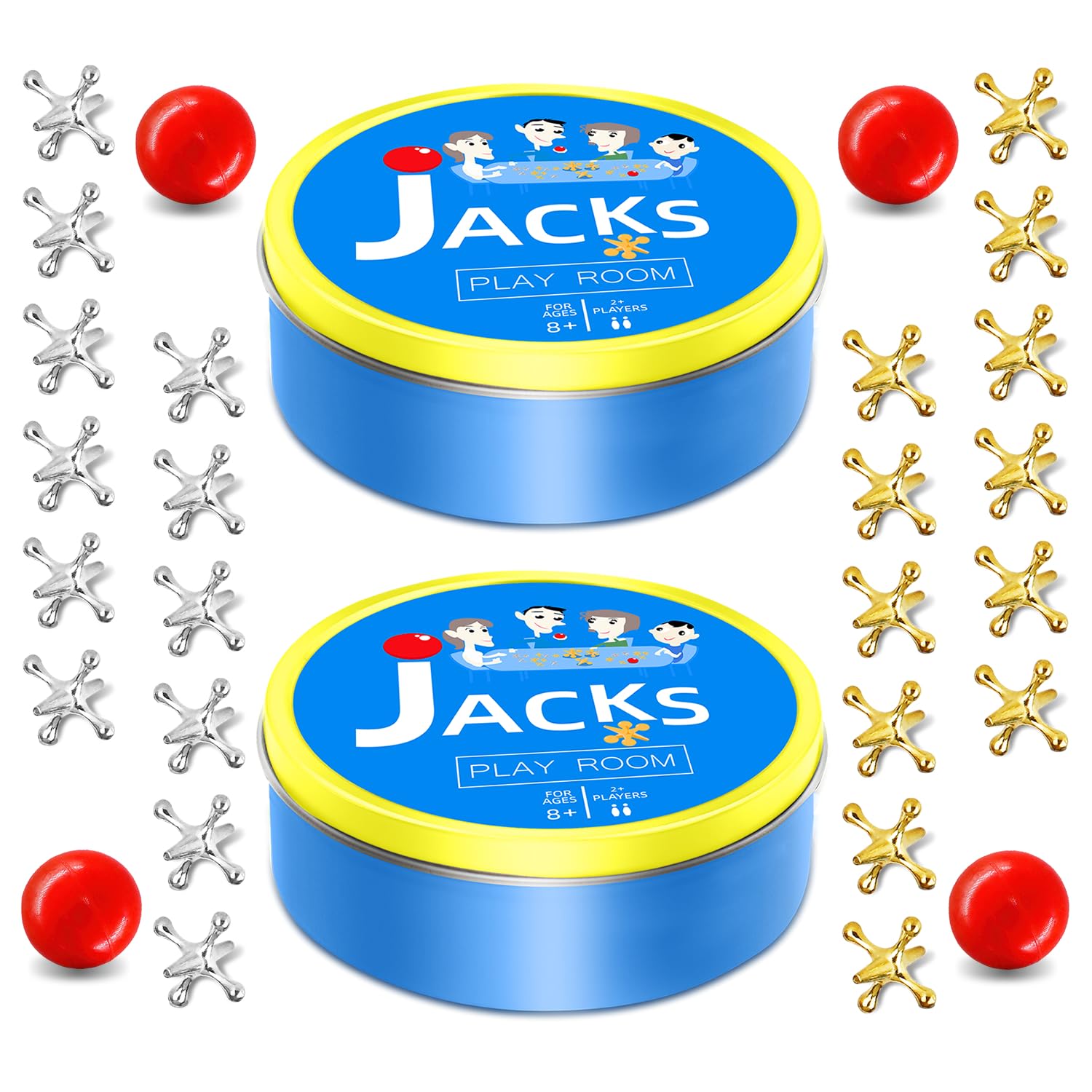 Sisland 2 Packs Metal Jacks Game with Ball, Classic Jax Game Toy for Kids Adults, Old School Jackstones Games Set (24 Jacks + 4 Balls)