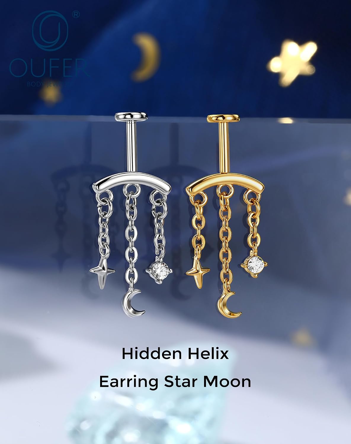 OUFER Hidden Helix Earring 16G 6mm Threadless Push Pin Upper Cartilage Piercing Jewelry, 316L Stainless Steel Star Moon Vertical Chain Dangle, 1.2mm x 6mm Flat Back Labret