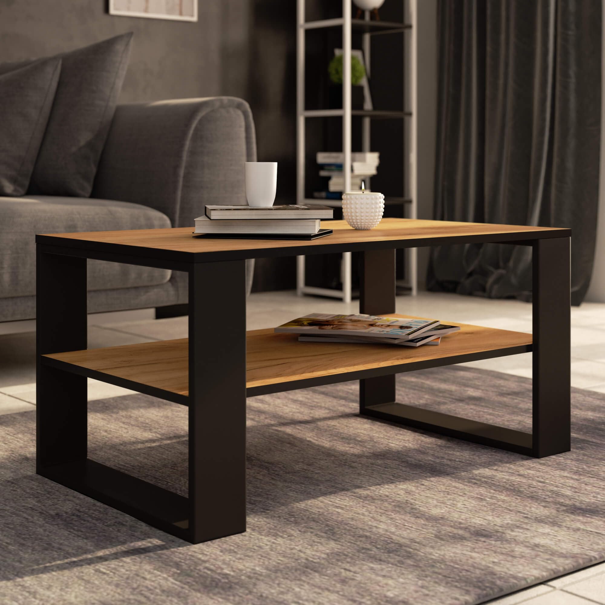 AKORD | Tavolino da Salotto in Legno - ALEX | Tavolo da Caffè con gambe un Ripiano | Coffee Table | Tavolini Basso Moderno | Arredamento Casa | 92 x 45 x 53 cm | Rovere Artigianale & Nero