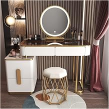 Vanity Table Glass Dressing Table Makeup Modern Simple Advanced Solid Wood Dressing Table Bedroom Storage Dressing Table Smart Mirror Makeup Stool Set Makeup Table,White+Gold-100Cm