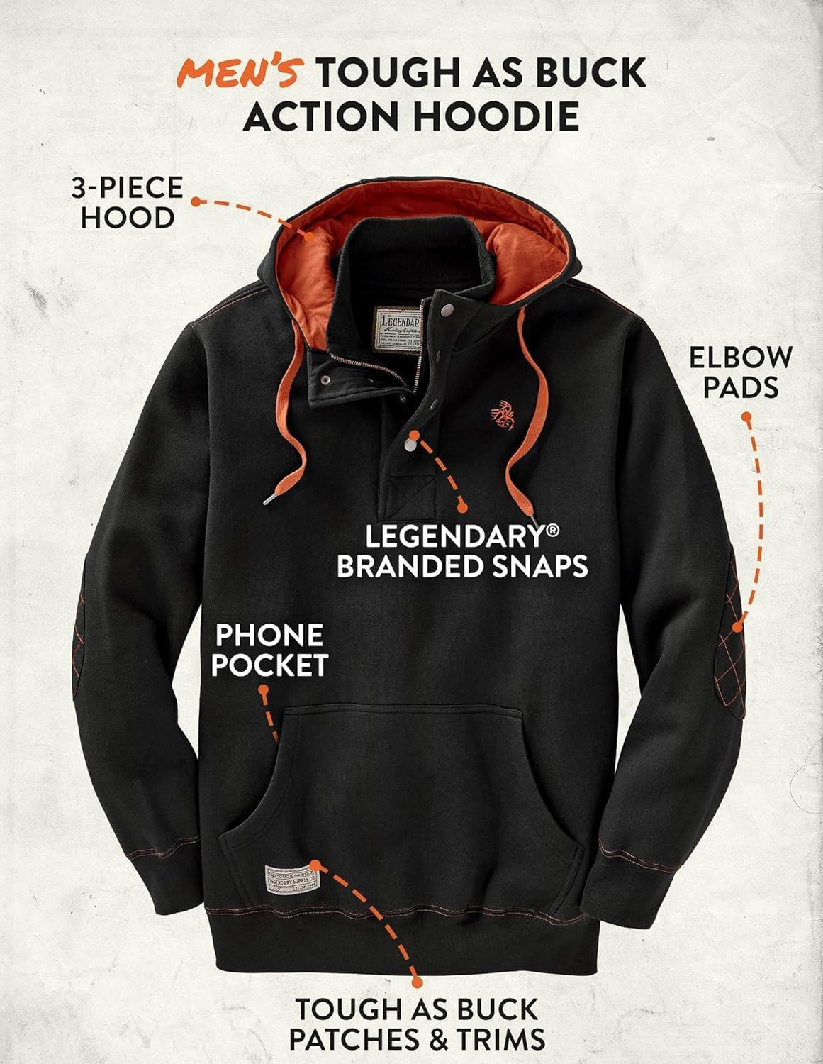 Legendary Whitetails Men's Hoodie Quarter Zip Quilted Sweatshirt Double Layered Lined Hood - Image 5