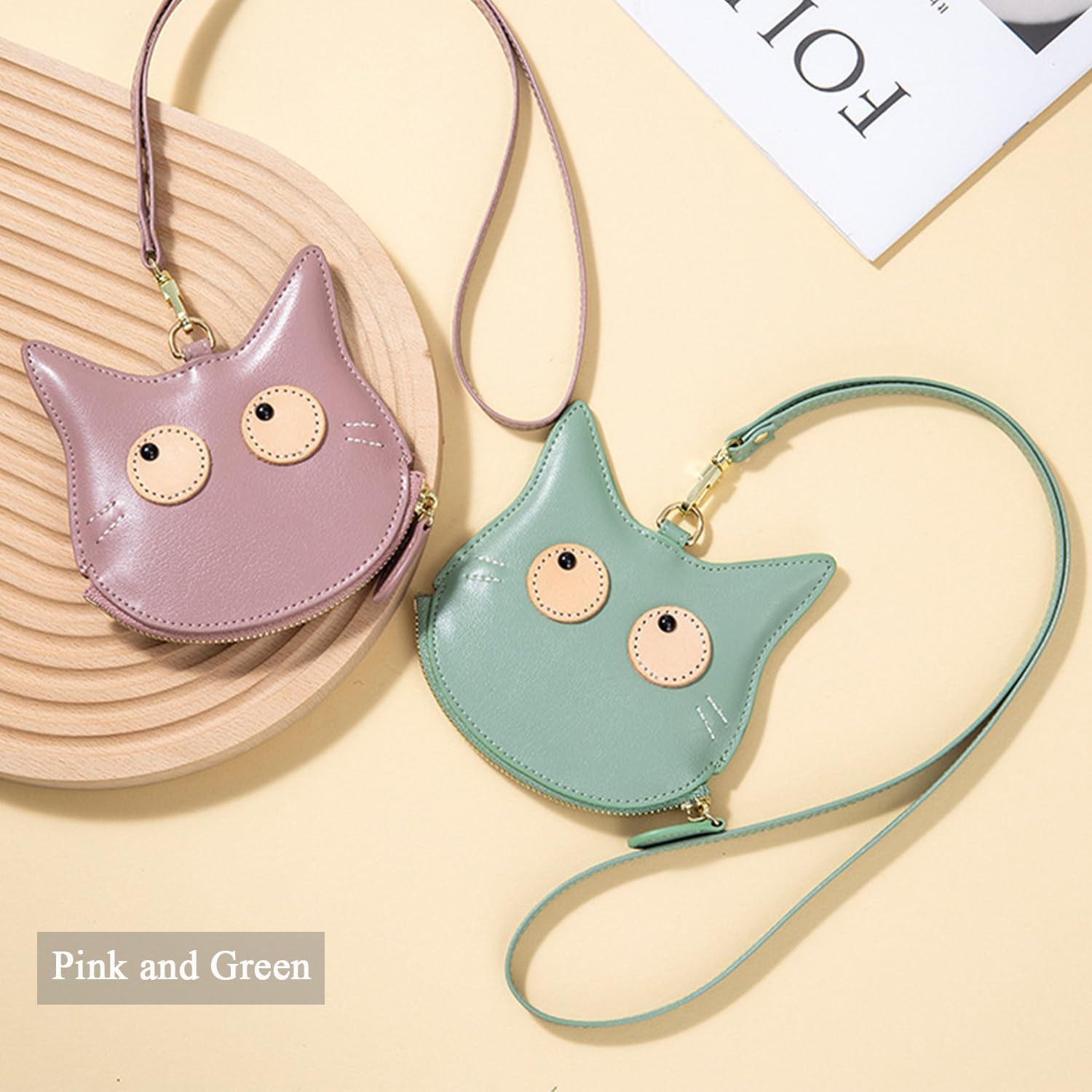 Cat Face Coin Purse Leather Coin Pouch with Cartoon Cat Print 3D Cat Change Pouch with Strap Leather Kitty Money Bag Small Leather Pouch Leather Zipper Coin Purse for Women