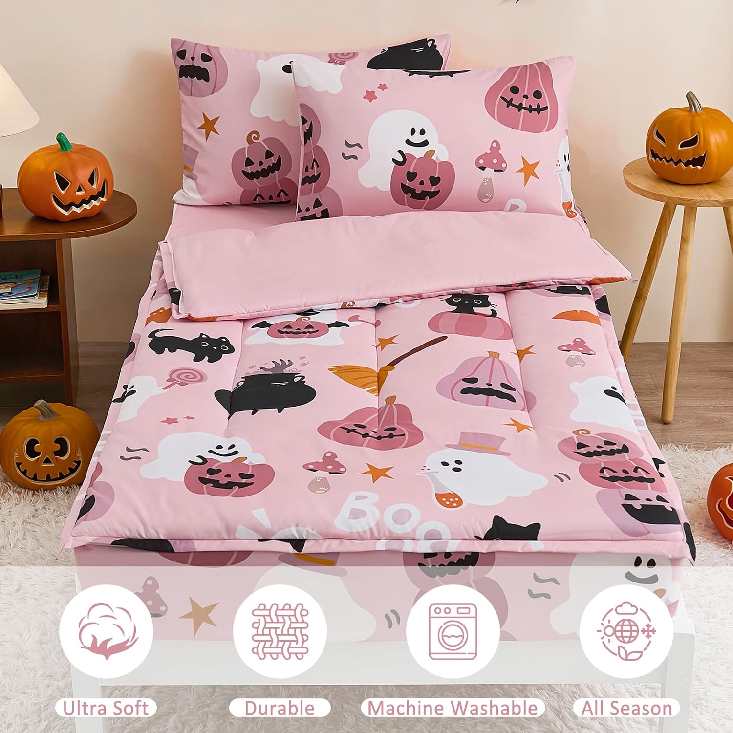 Anibedding 3Pcs Halloween Styles Zip Up Bedding Comforter Set, Pink Pumpkin and Ghost All in One Zipper Twin Bedding Set with Pillowcase for Kids