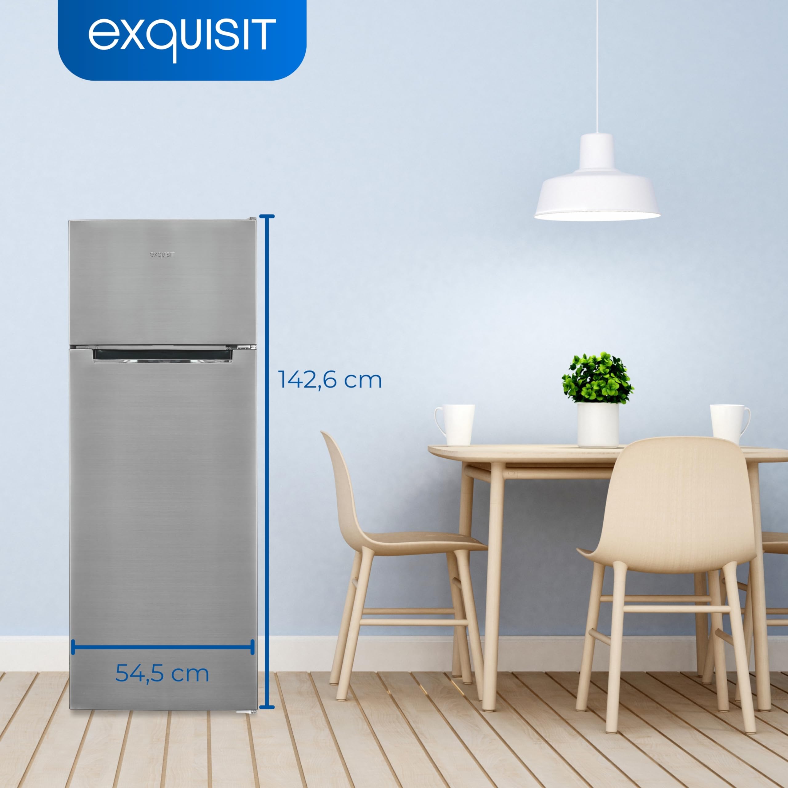 Exquisit KGC270-45-040D Kühlschrank mit Gefrierfach - 45 cm Inoxlook | Freistehende Kühlgefrierkombination mit 206 Liter - 4-Sterne-Gefrierfach - schmales Standgerät - Glasablagen - Silber