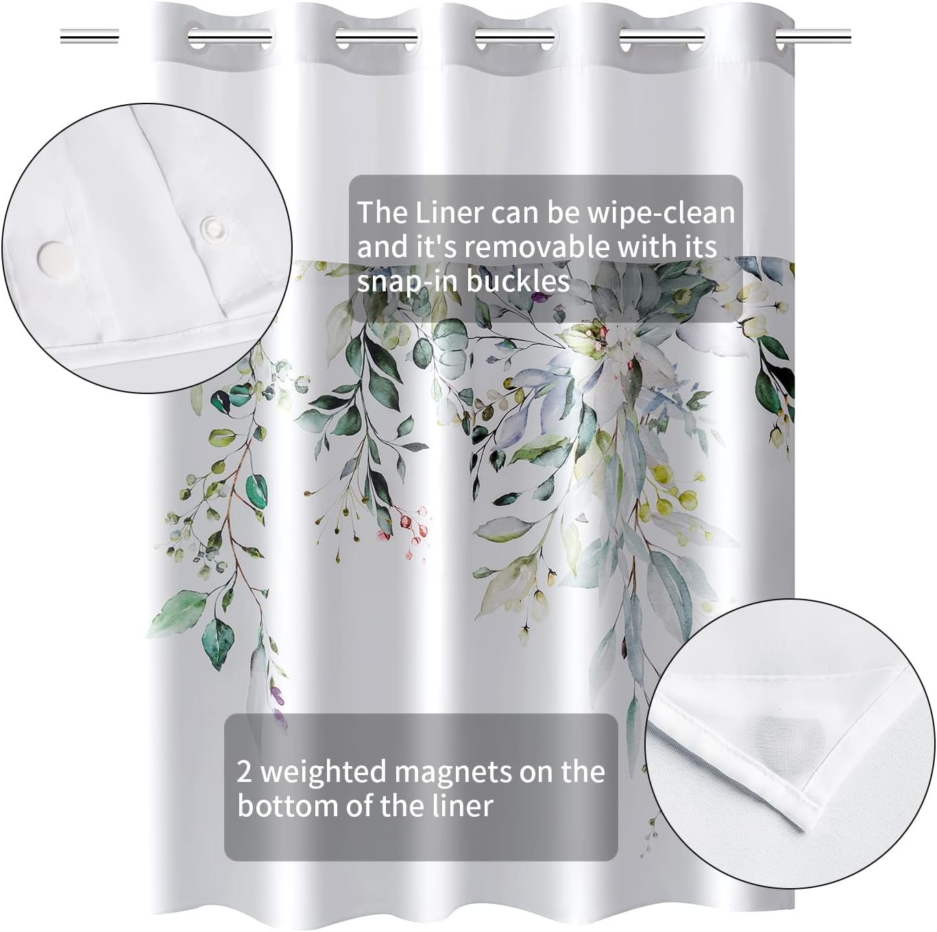 Fabric No Hook Shower Curtain Sets with Magnets Snap in Liner Decorative Bathroom with See Through Top Window 71 x 74 inches