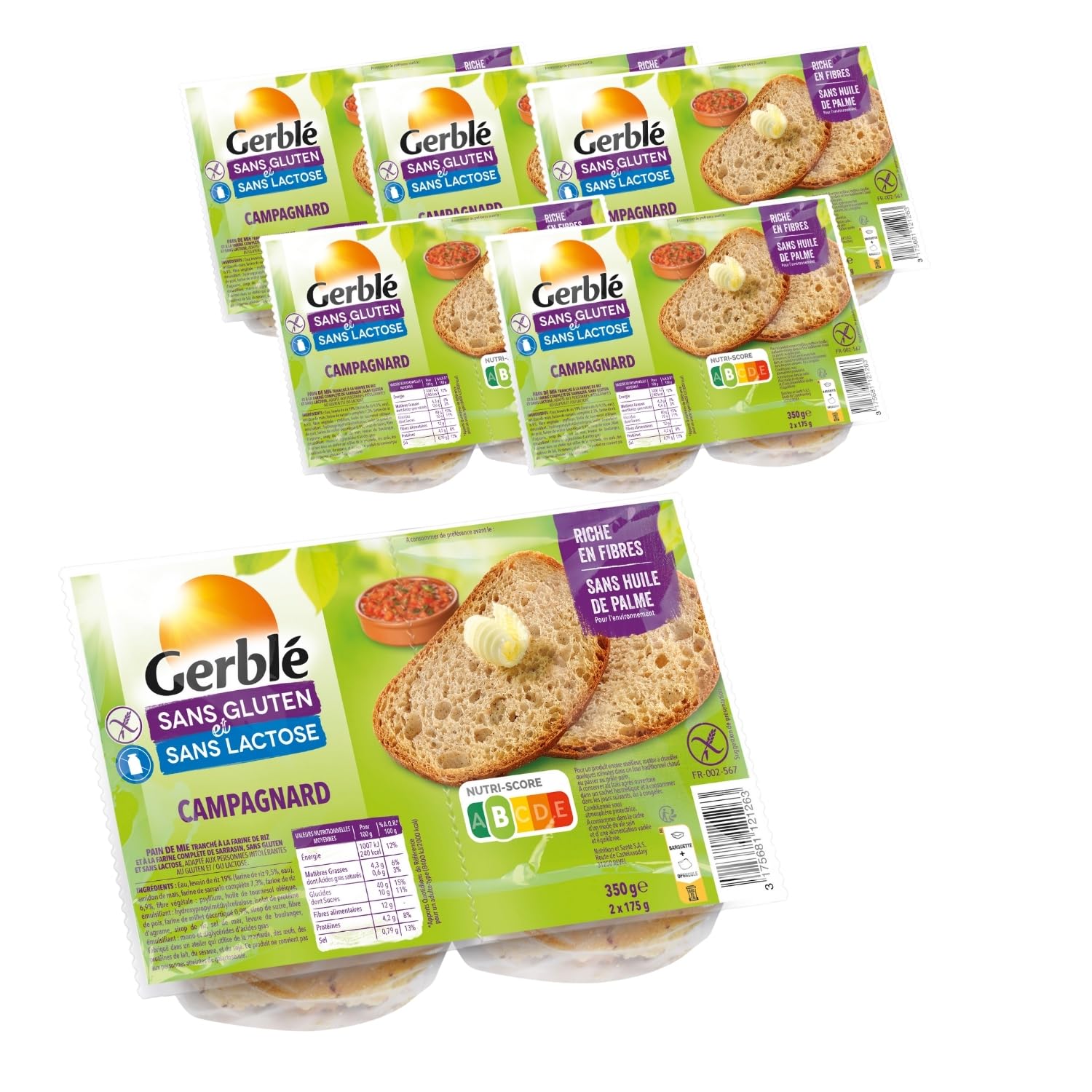 Gerblé Pain Campagnard Sans Gluten & Sans Lactose, Riche en fibres, Moelleux, Lot de 6 pains Campagnard, 6x350g, 199517