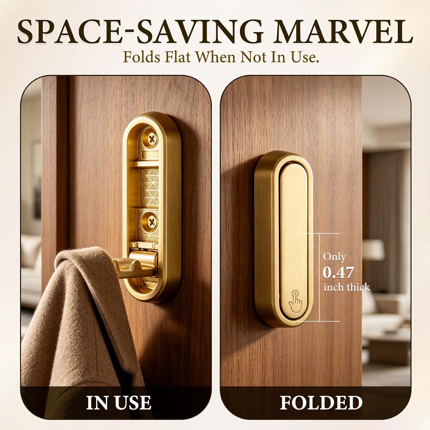 Folding Wall Hooks, 2 Pack Gold Heavy Duty Coat Hooks, Screw Mounted