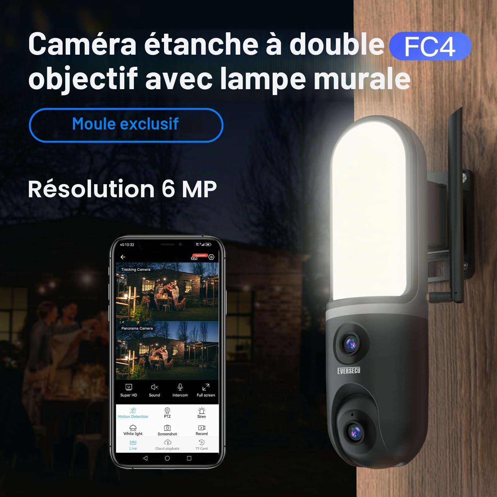 EVERSECU Caméra murale étanche à double objectif, vidéo 3K, projecteur 1200 lm, audio bidirectionnel, suivi automatique PTZ, prend en charge ONVIF et RTSP et Alexa, stockage Cloud/SD, caméra de