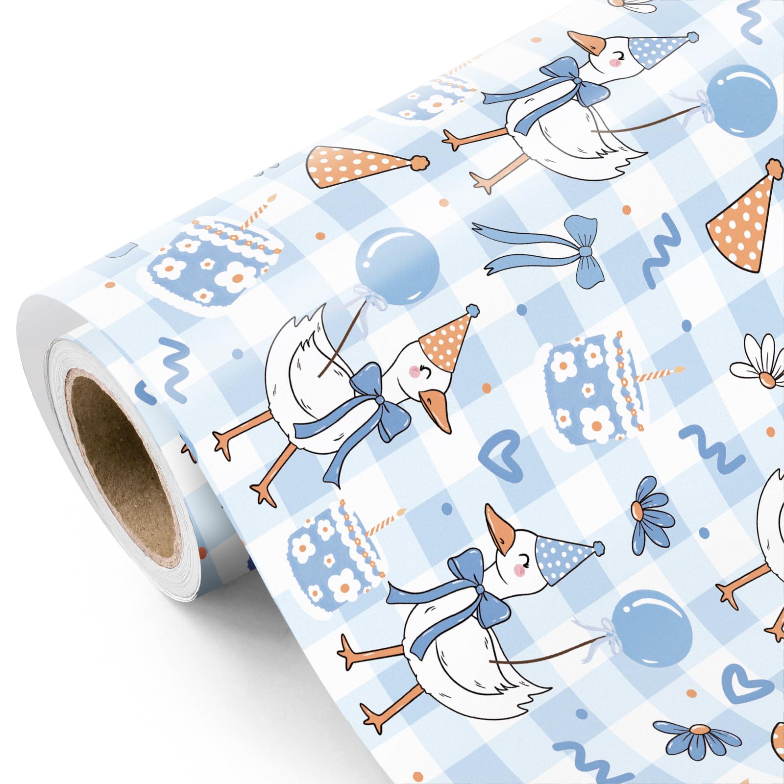 RUSPEPA Silly Gooses Birthday Wrapping Paper Roll - Mini Roll - 43.2cm x 5m - Blue Party Goose Wrapping Paper with Plaid Design Perfect for Boys Birthday, Baby Shower โ image 1