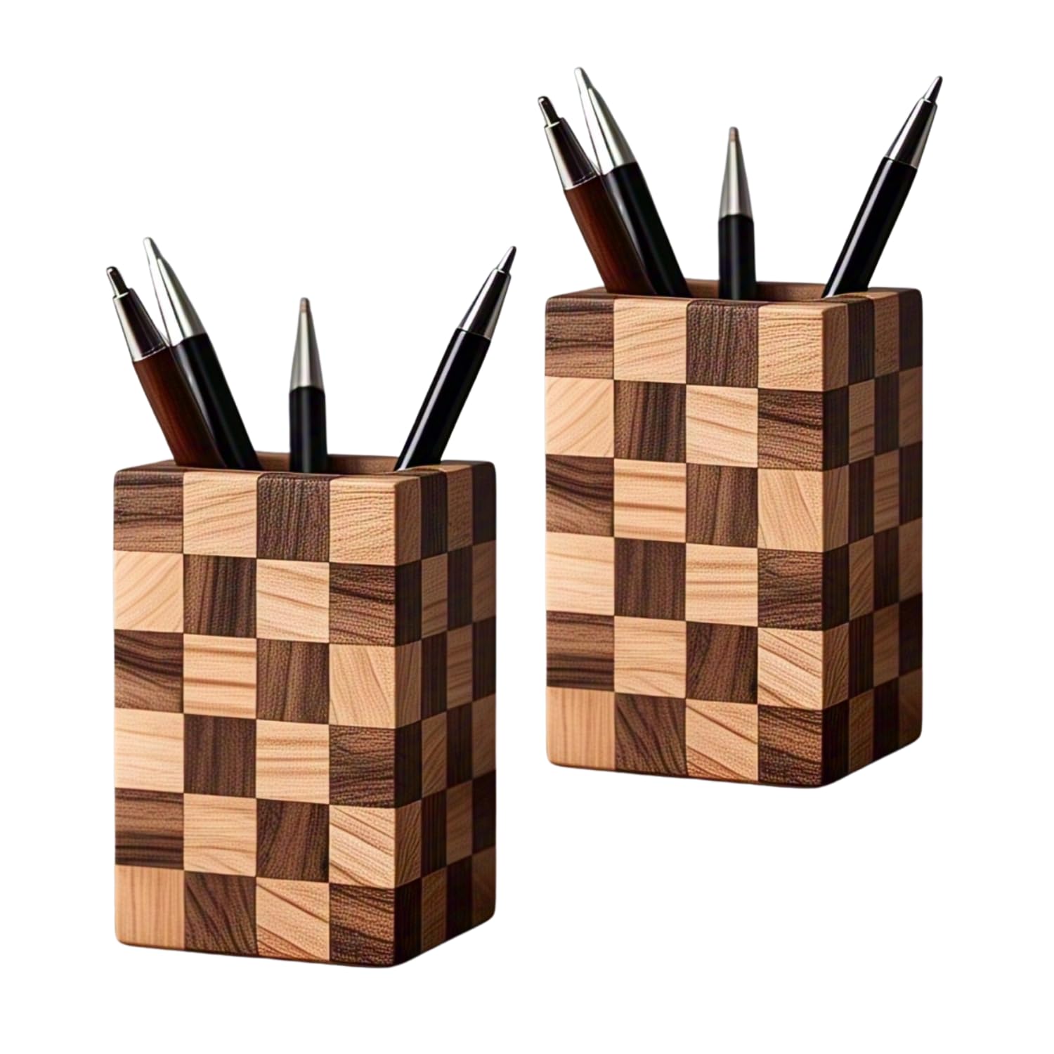 Shopukasa 2 Pack Mosaic Pattern Wooden Pen Holder For Desk, 2 Pack — Natural Wood Pencil Pot & Makeup Brush Holder, Handcrafted Beech Or Walnut Desk Organiser, Multi-Purpose Stationery Cup For Office, Home, Vanity (2 Mosaic)