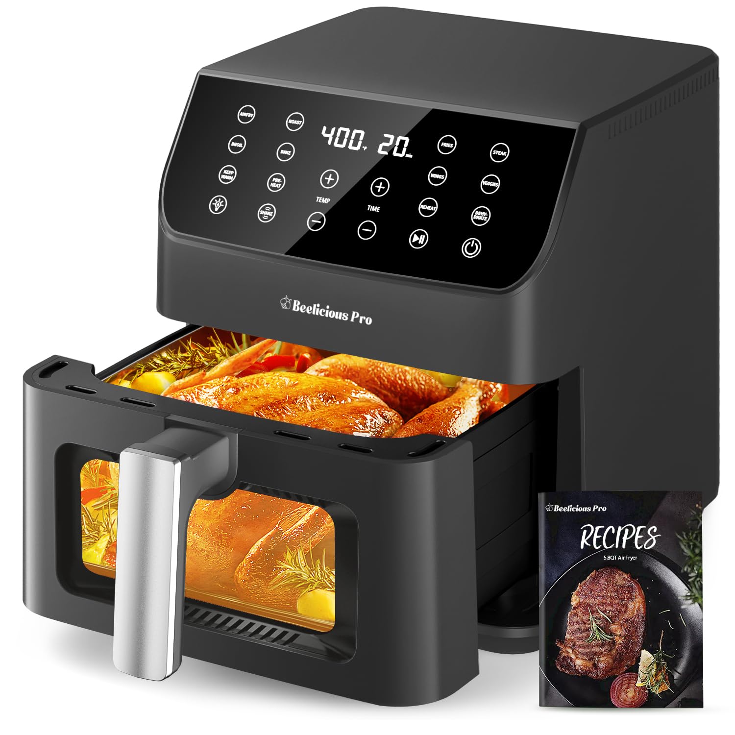 Photo 1 of ***NOT WORKING*** Beelicious 5.8QT Large Air Fryer, 12-in-1 Digital Airfryer with Window, 40+ Recipes, Flavor-Lock Tech, Dishwasher Safe,Shake Reminder, Compact, Quiet, Nonstick Air Fryers. Black