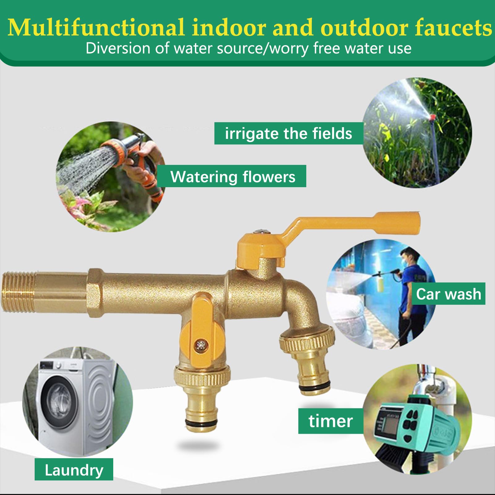 Robinet Exterieur Jardin à Double Sortie, Répartiteur de Tuyau en Laiton Inoxydable 2 Voies avec Entrée 1/2 et 2 Sorties 3/4 Pouces, Kit de Robinet Extérieur pour Jardin, Maison, Industrie