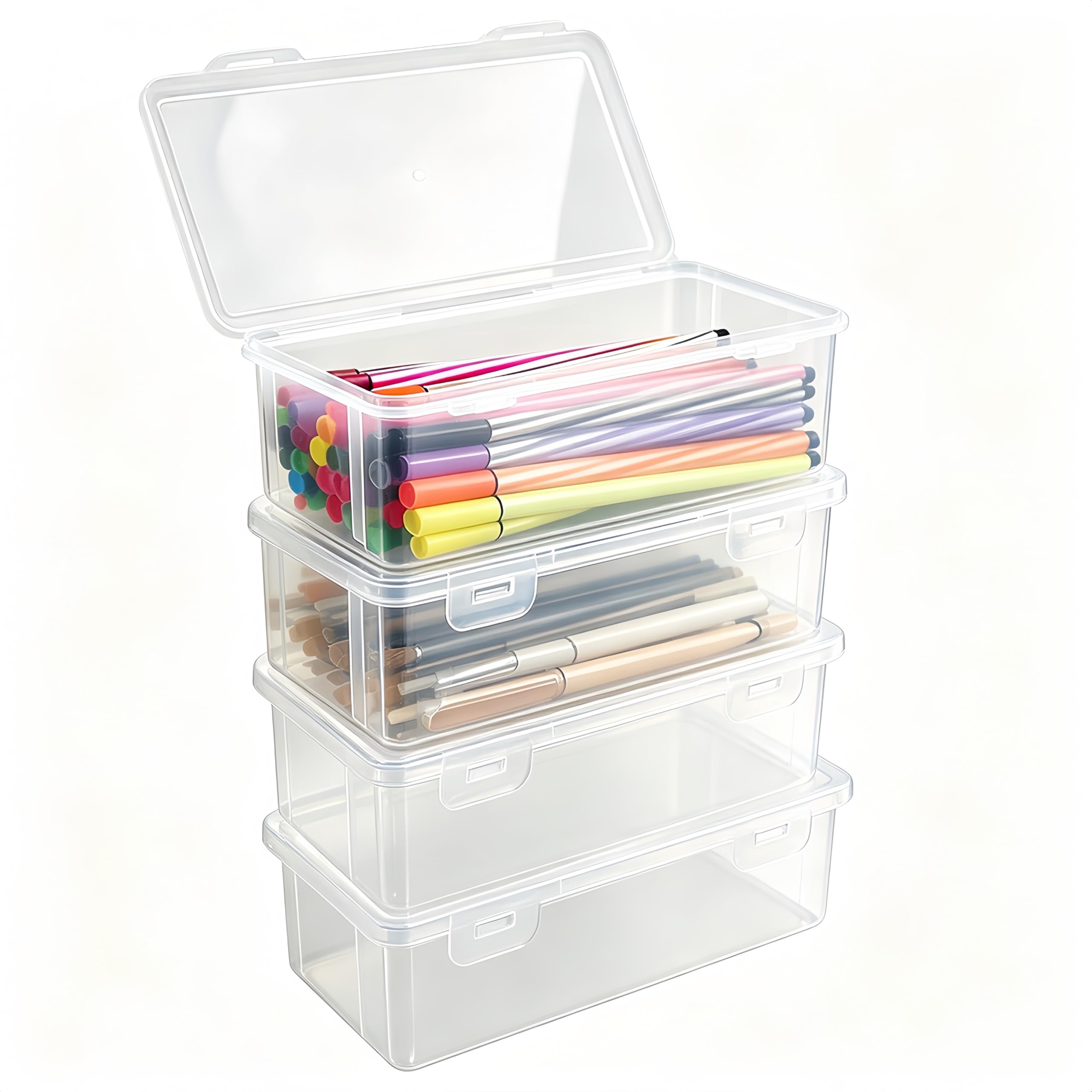 4 Pack Pencil Box, Clear Plastic Pencil Case with Snap-Tight Lid, Stackable Translucent Small Pencil Box Organizer, Large Capacity Pen Storage Box for School Office Stationery Supplies
