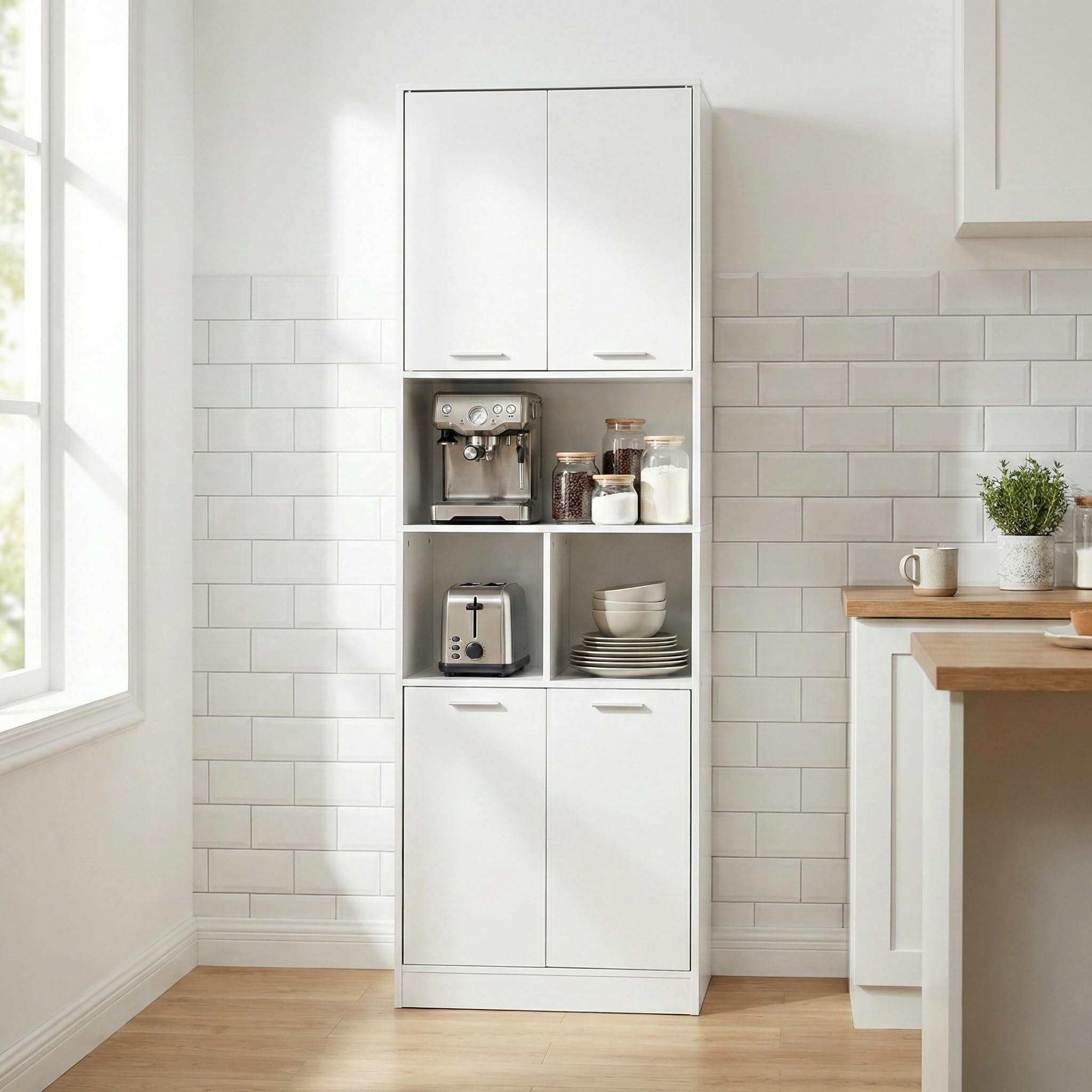 Küchenschrank Hochschrank (60x40x180,5 cm), Mehrzweckschrank mit 4 Türen & & 3 Fächern,verstellbaren Einlegeböden, Vorratsschrank für Küche, Badezimmerschrank & Wohnzimmerschrank, Weiß matt