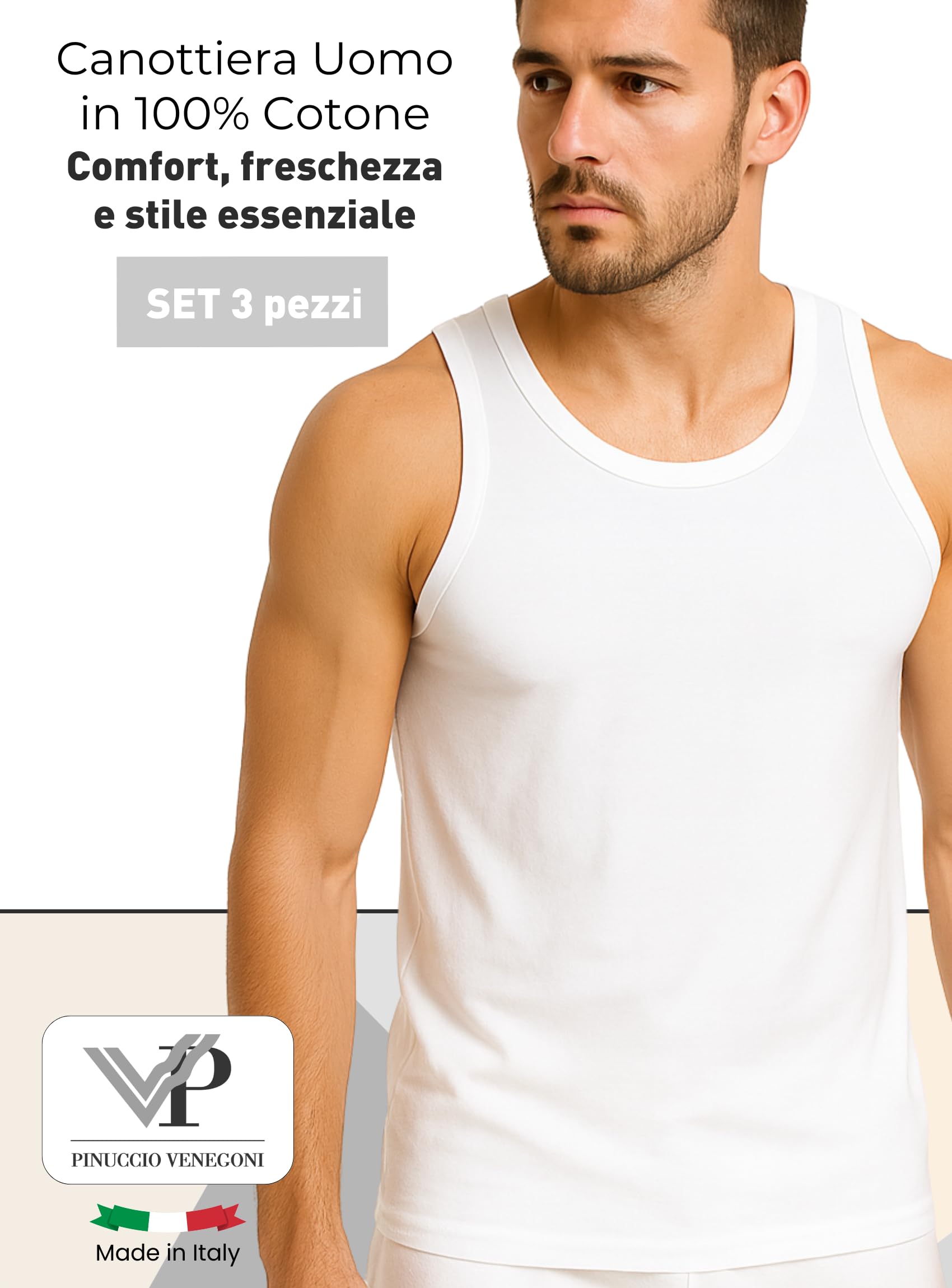 VP PINUCCIO VENEGONI - Lot de 3 débardeurs homme coton 100 % mercerisé, large épaule, blancs, sous-vêtements pour hommes respirants, fabriqués en Italie