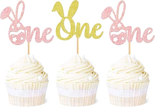 Ercadio Paquete de 24 adornos para cupcakes de conejo, púas de orejas de conejo con purpurina para fiestas de Pascua y primavera