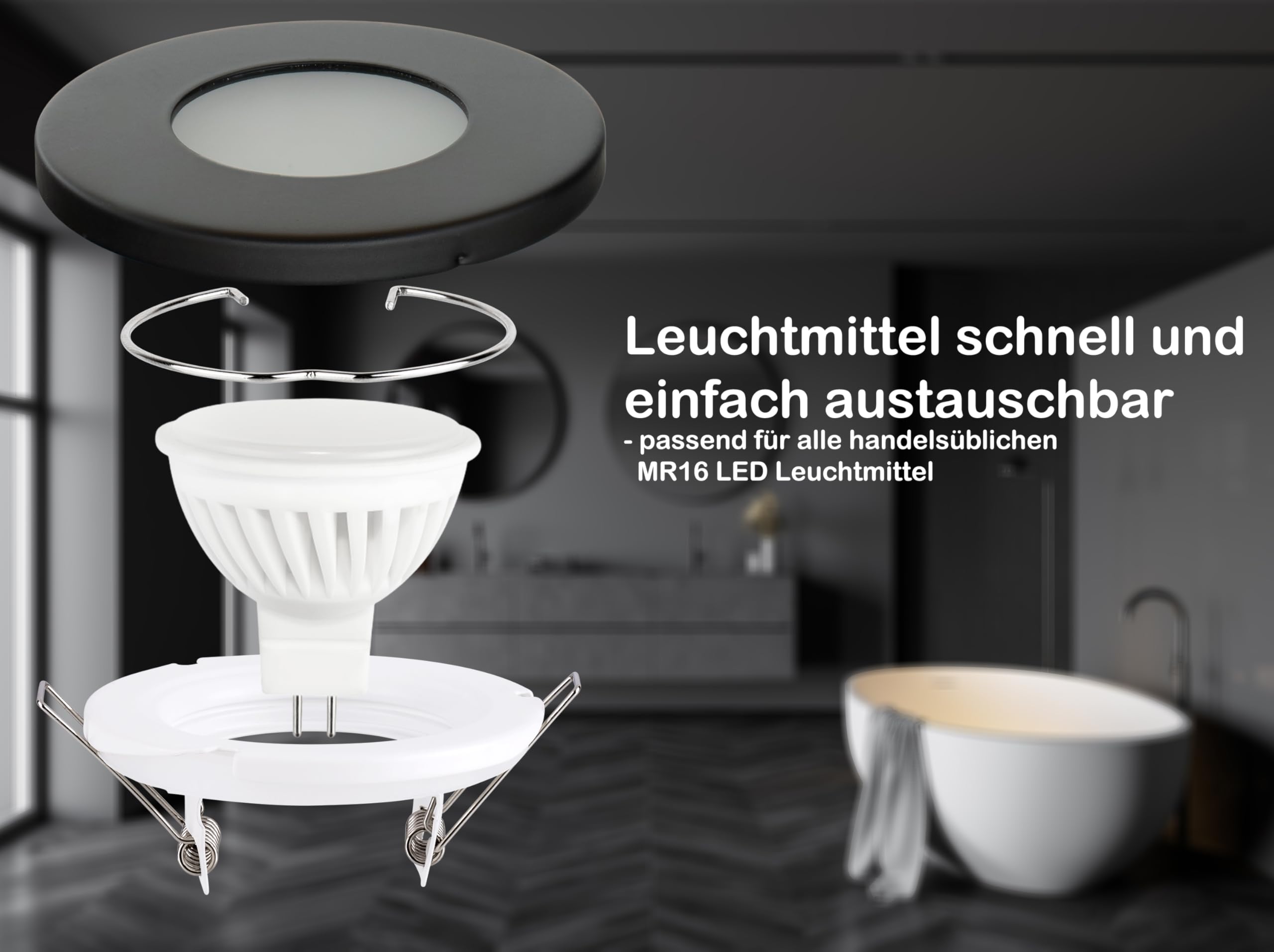 Einbaustrahler 6er Set Aqua IP54 Schwarz Matt 83mm Außen, 55mm Deckenausschnitt mit MR16 12Volt LED Leuchtmittel 6Watt und Trafo - Einbauspot, Deckenspot (Tageslichtweiß 6000K)