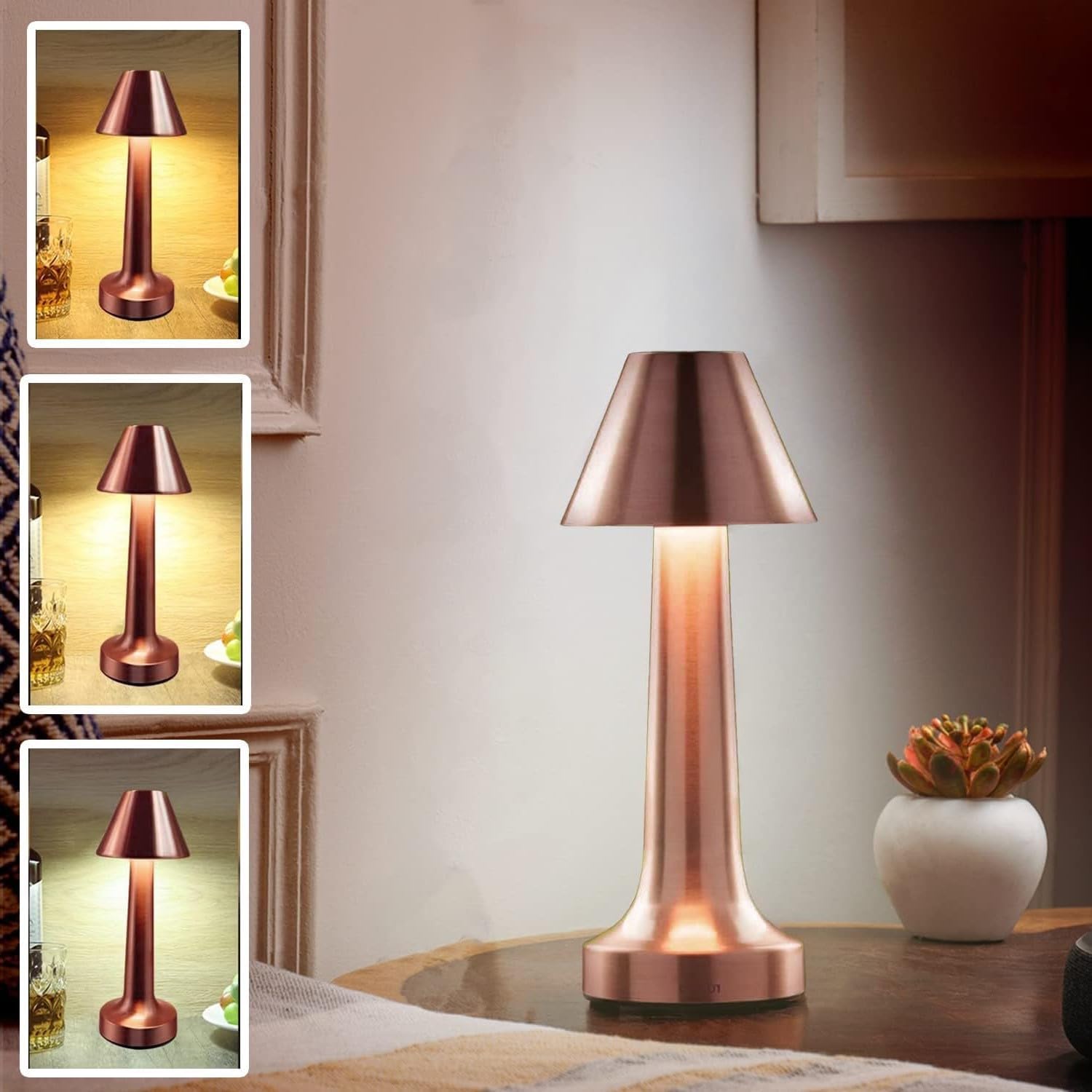 Cone Metal LED Table Lamp Comes Touch Sensor USB Rechargeable Desk Lamp with Warm Cozy Lighting Ideal for Nursery Dining Room (Rose Gold)(1 pcs)-image-39