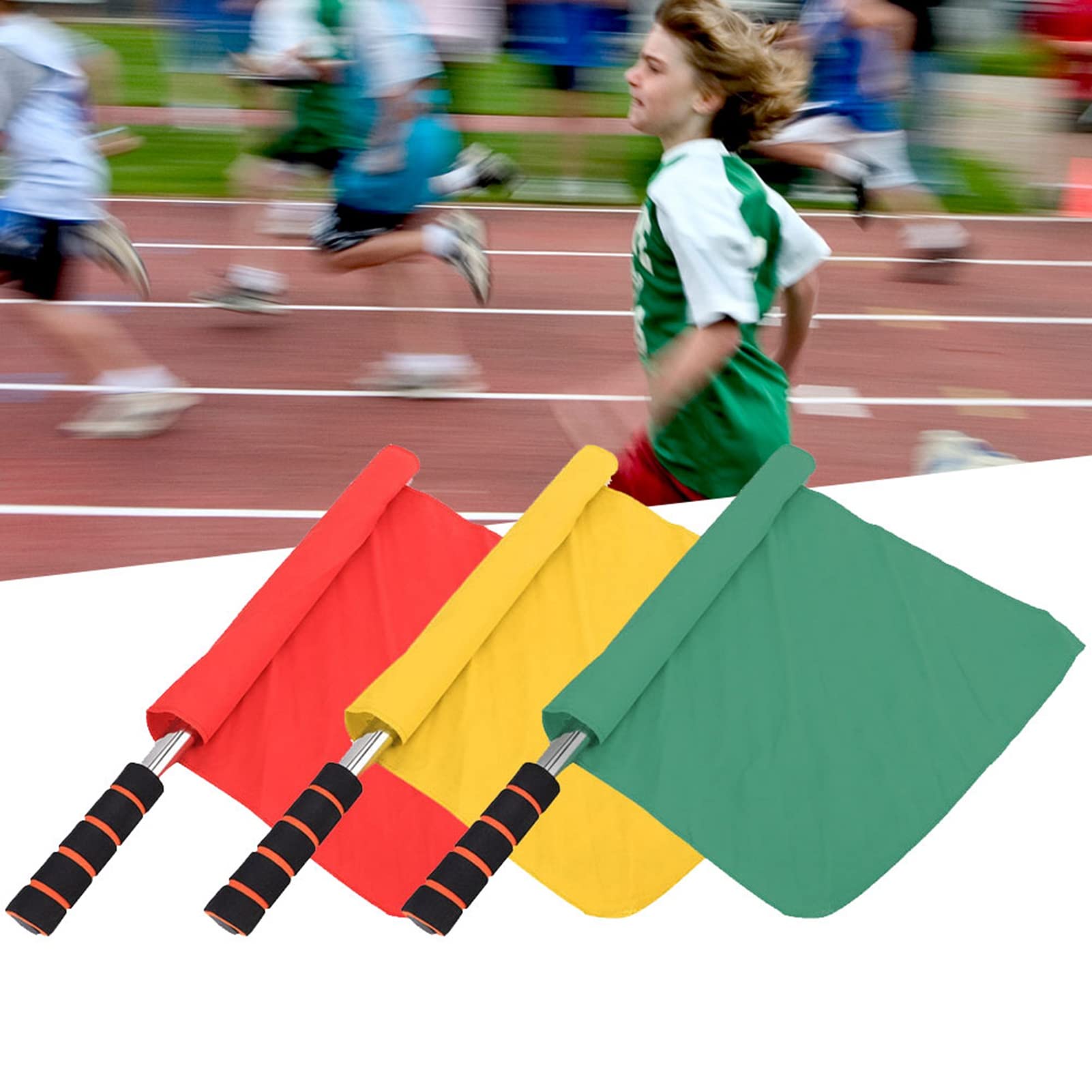 Soccer Referee Flags, 3pcs 32x31.5cm Competition Referee Signal Flag Sports Handflag Red Yellow Green Volleyball Flag with Stainless Steel Handle